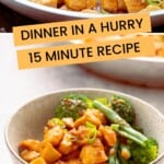 A two photo collage of honey garlic chicken with text overlay for pinterest.