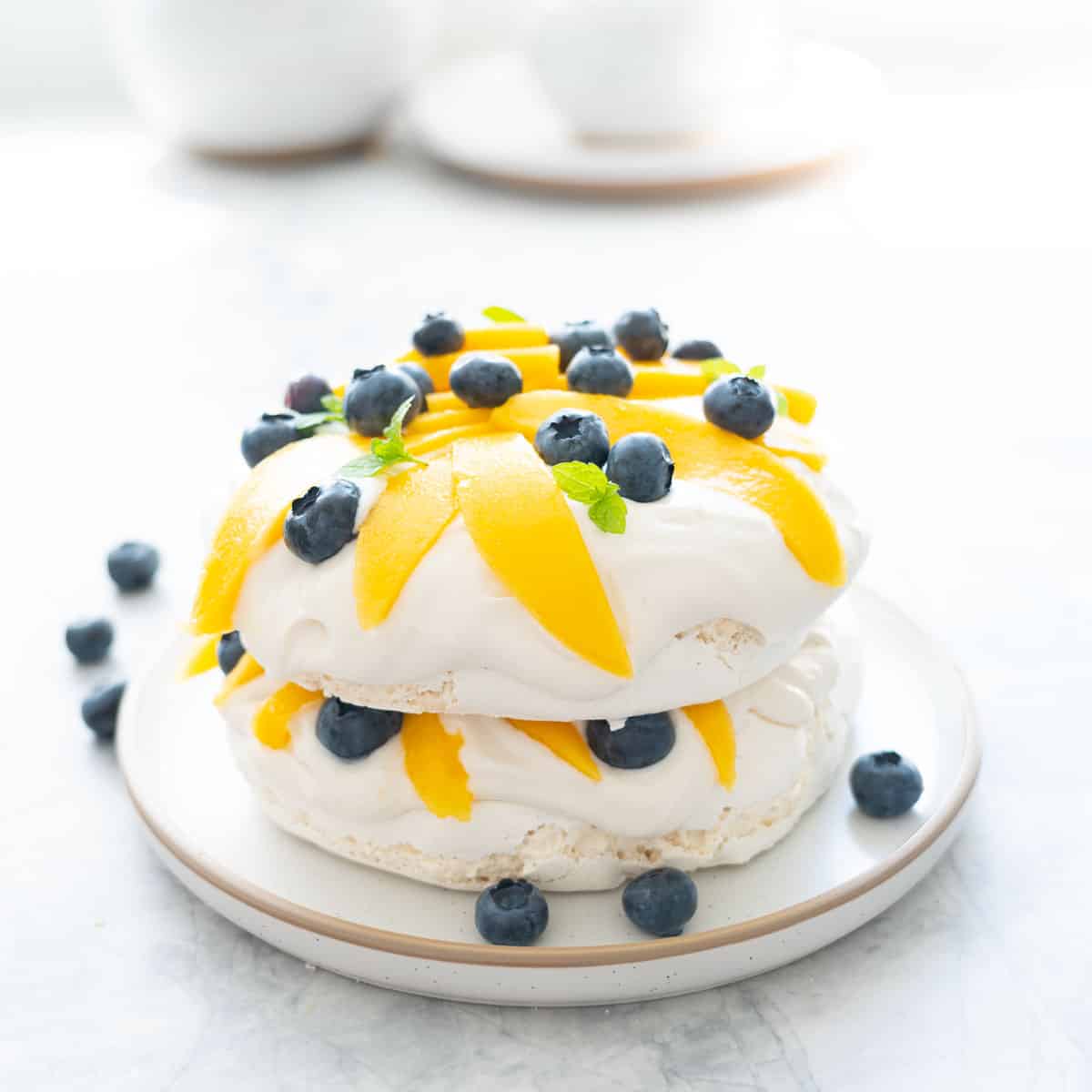 Two meringues stacked with whipped cream, mango slices, blueberries and mint leaves. 