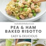 A four photo collage of pea and ham risotto with text overlay for pinterest.