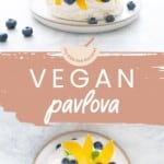 A two photo collage of a pavlova with text overlay for pinterest.