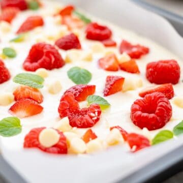Frozen yogurt studded with red berries, mint leaves and white chocolate chips