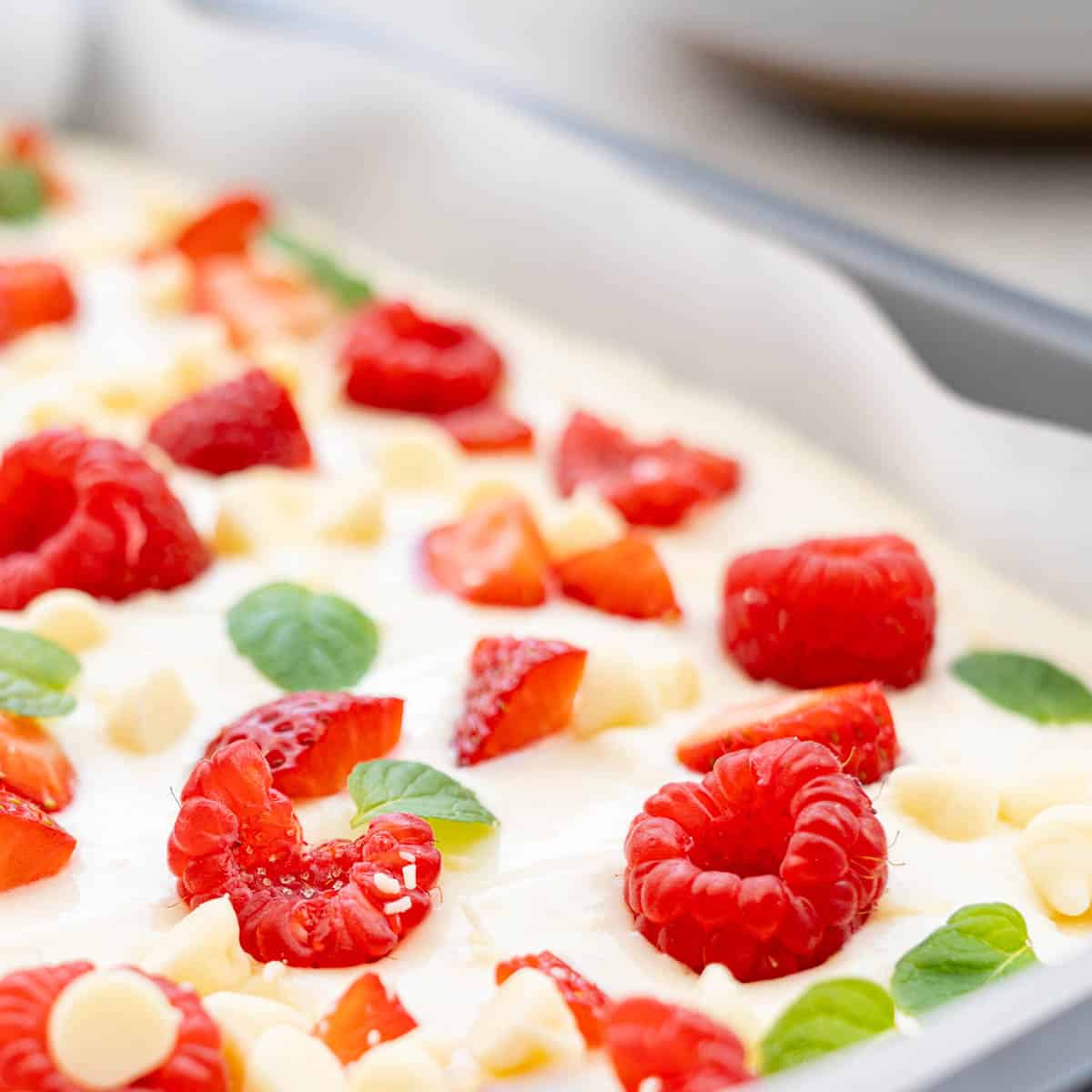 A close up of the Yoghurt Bark with the sliced strawberries, rasberries and mint