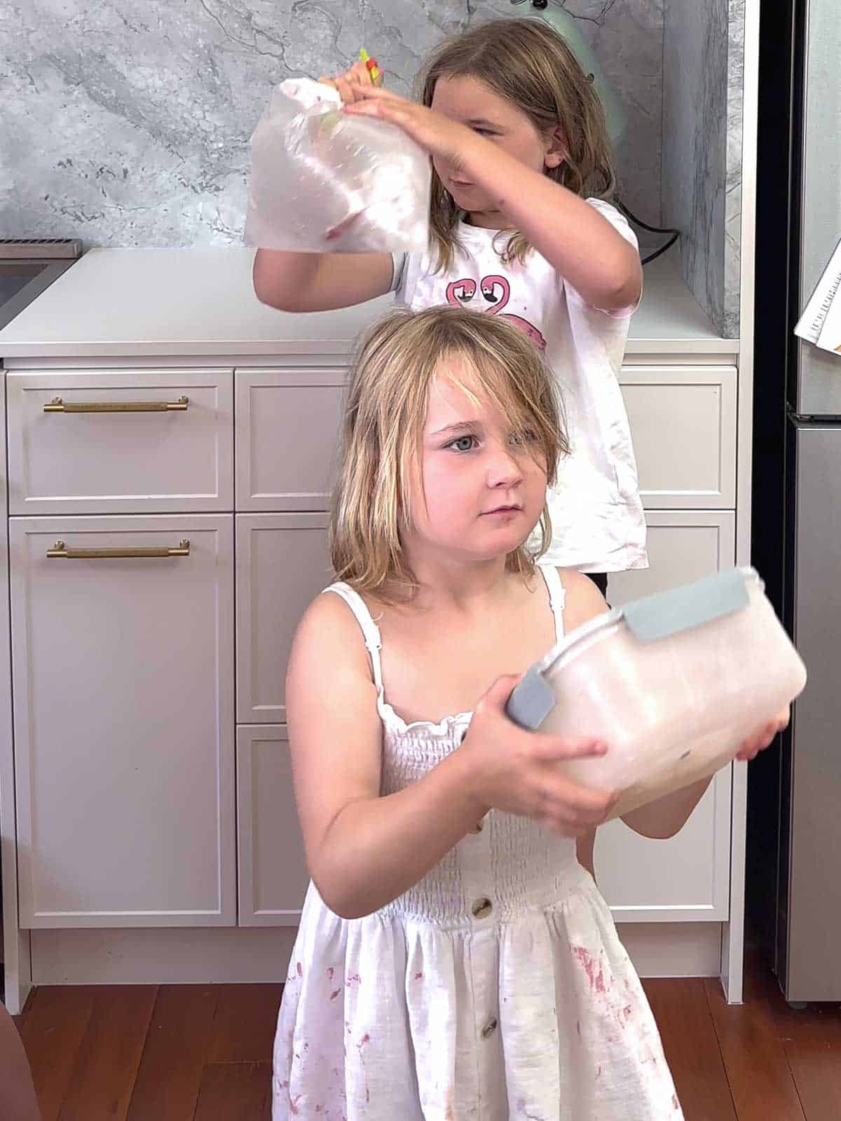 Two children in a kitchen shaking bags of ice to make ice cream