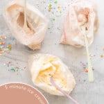 Three ziplock bags of ice cream with spoons on a marble bench scattered with sprinkles with text overlay for pinterest.