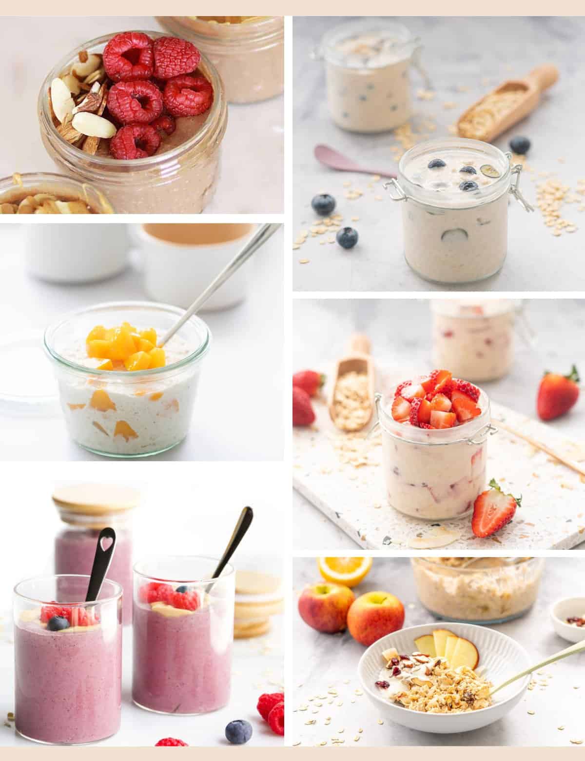 Six image collage of overnight oat recipes.