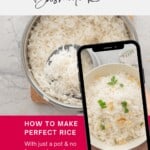A two photo collage of basmati rice with text overlay for pinterest