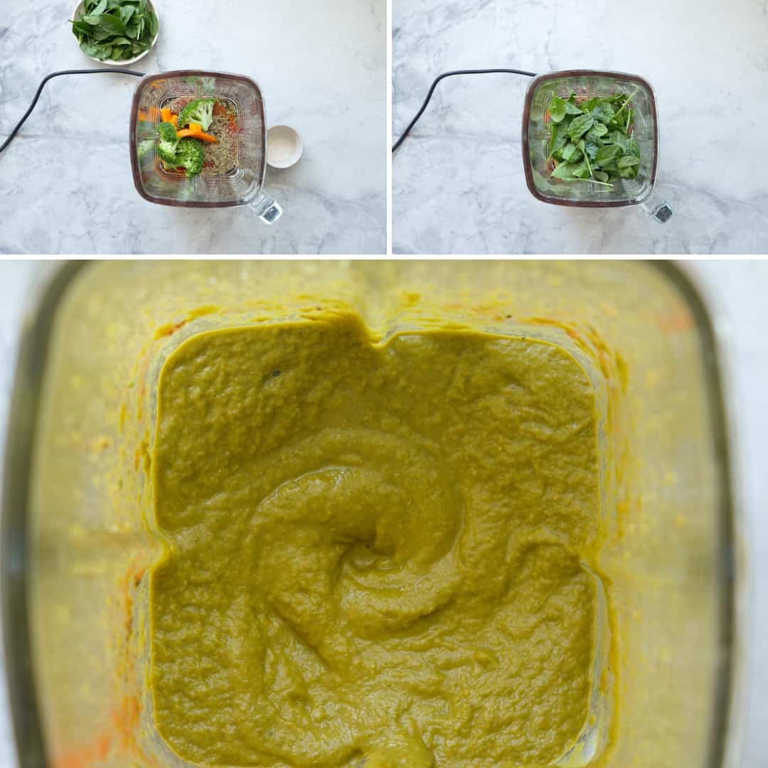 Three photo collage of a savoury smoothie being made with tinned tomatoes and vegetables.