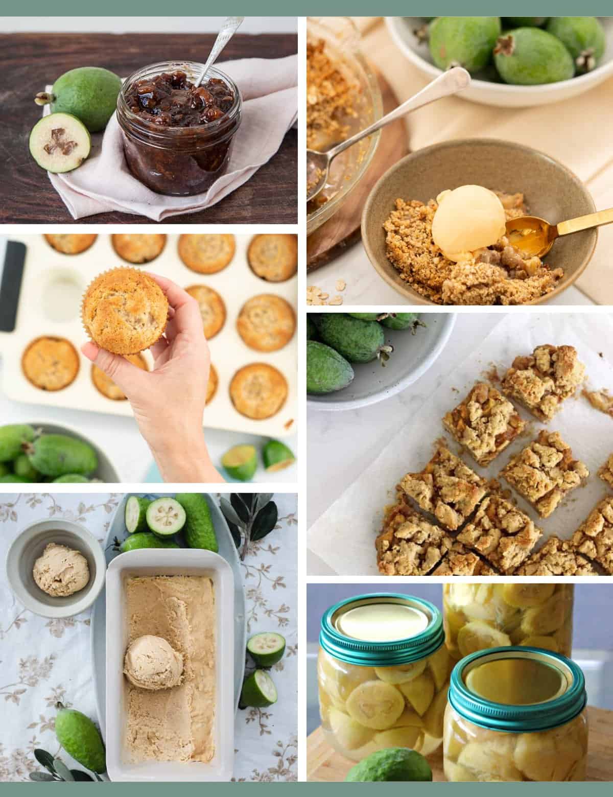 Five image collage of recipes made with feijoas. 