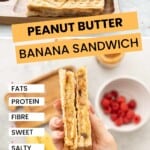 A two photo collage of peanut butter and banana sandwiches with text overlay: Fata, protein, fibre, sweet, salty, melty, delicious.