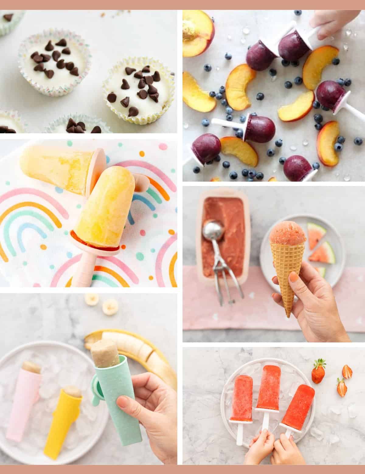 A six image collage of popsicle and frozen treat recipes for kids. 