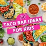 A four photo collage of taco fillings with text overlay: 50+ Taco bar Ideas For Kids.