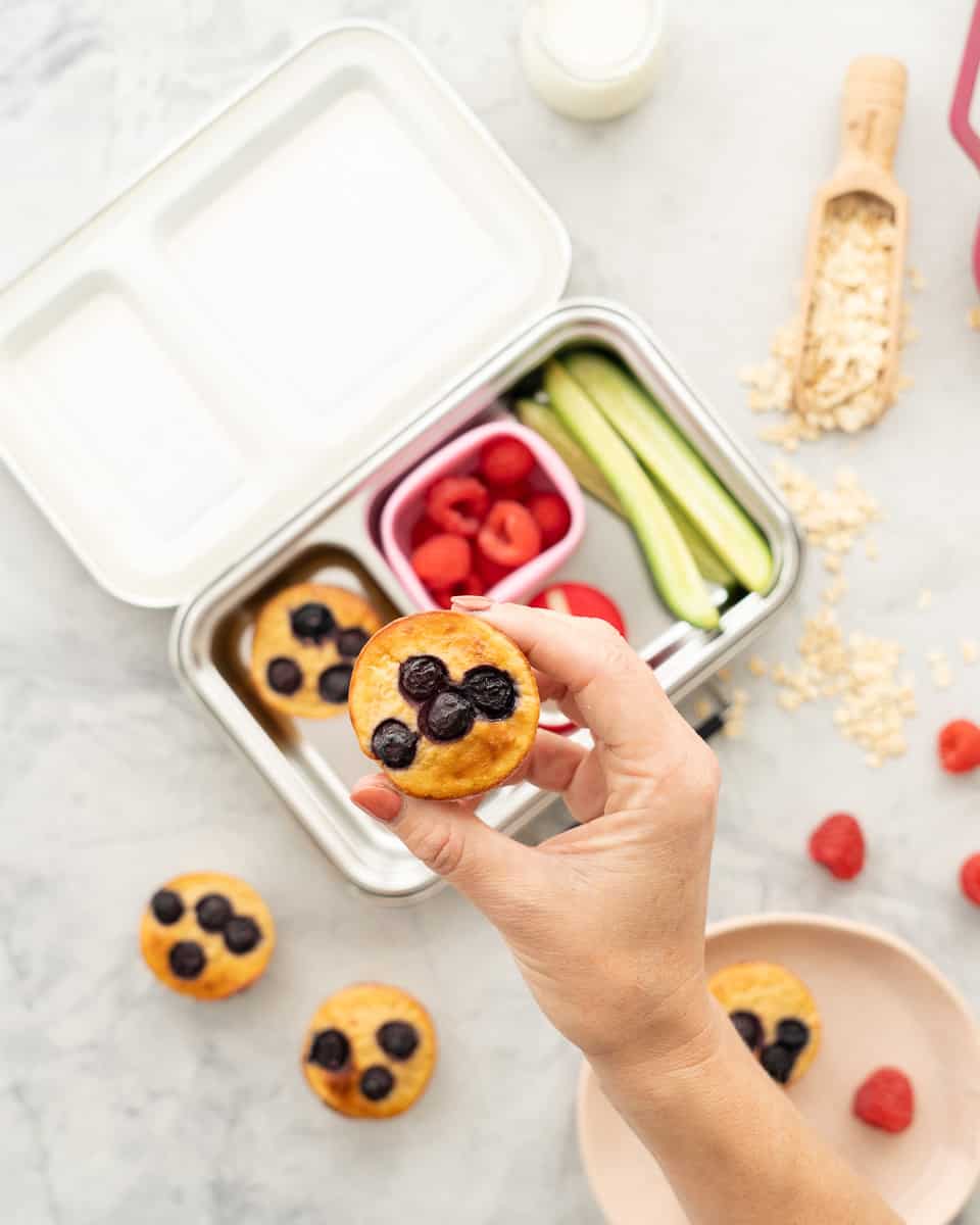 A blueberry topped muffin being held up above a filled stainless steel bento box, raspberries and rolled oats scattered on a bench top. 