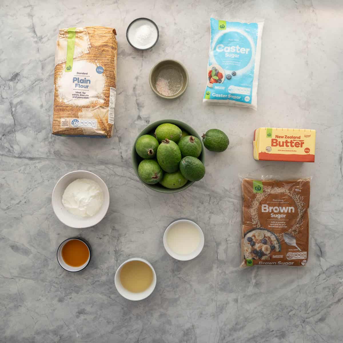 All the ingredients laid out on the bench to make a feijoa cake.