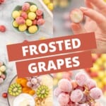 A four image collage of frozen grapes with text overlay for pinterest: Frosted Grapes.