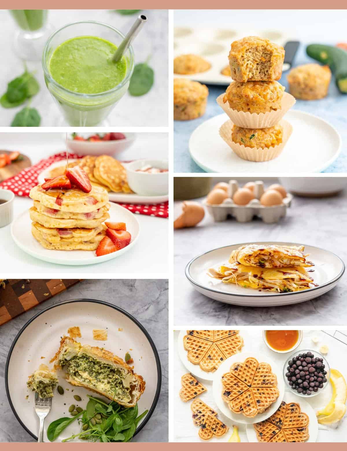 A six photo collage of Mothers Day Brunch Recipes