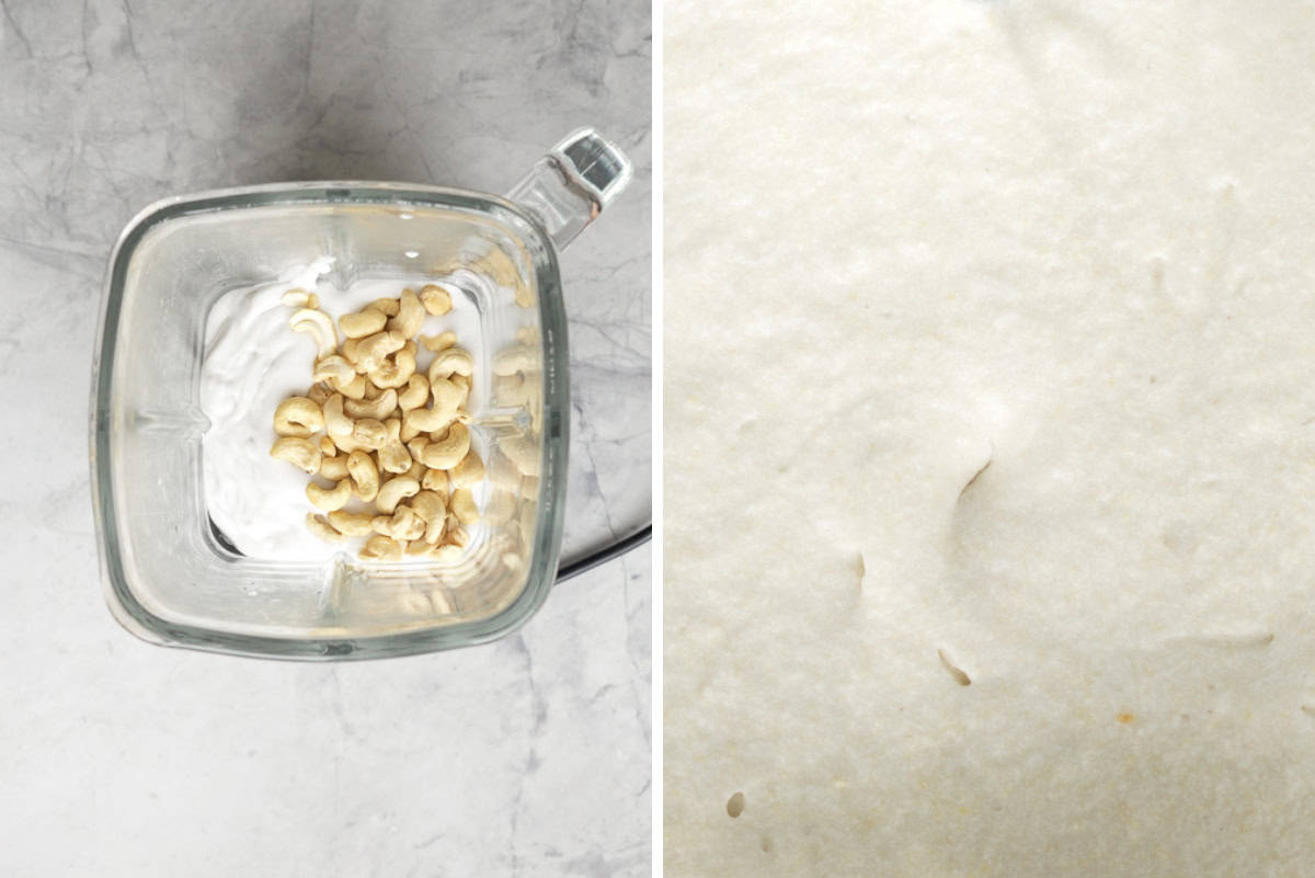 A two photo collage showing cashews being blended into coconut milk. 