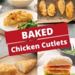 A four photo collage of chicken cutlets with text overlay: Baked Chicken Cutlets.