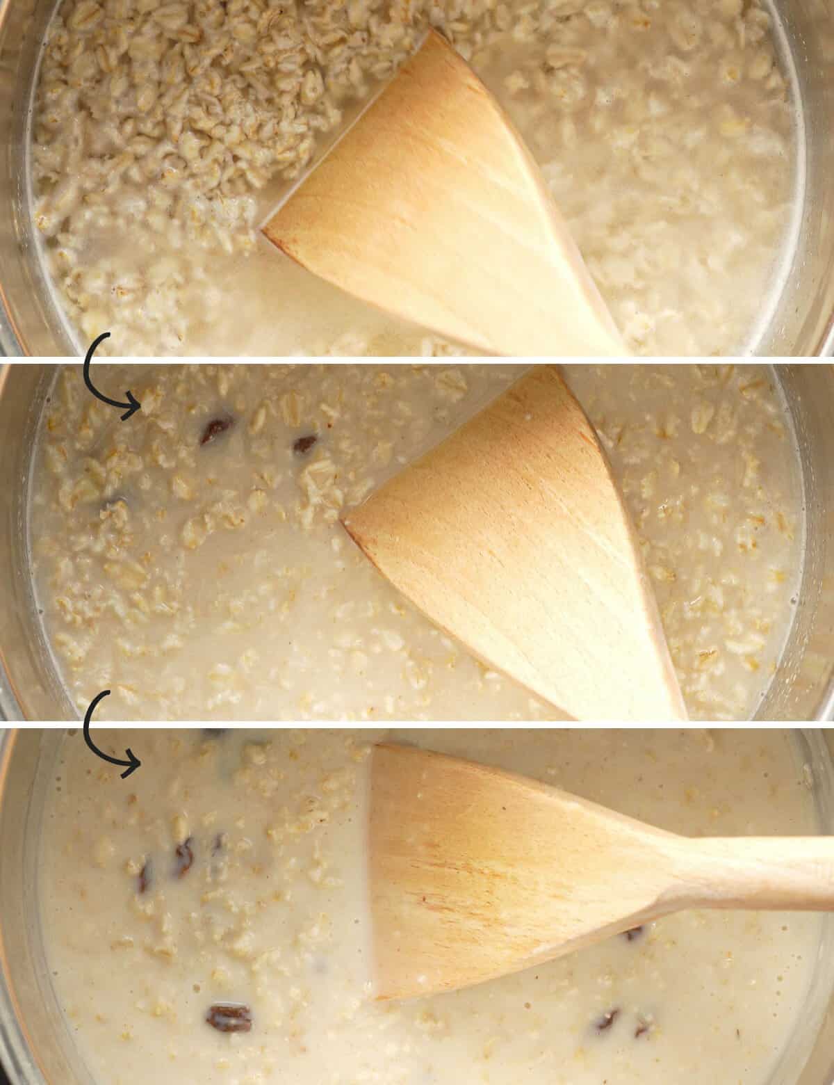 A three photo collage of oatmeal, showing the stages of starch release from the rolled oats. 
