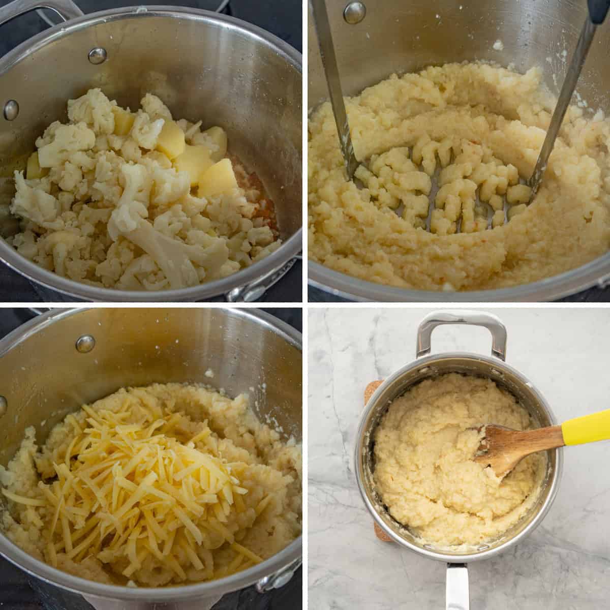 A four photo collage showing the steps of mashing and seasoning potato and cauliflower. 
