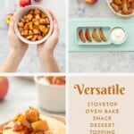 A three photo collage of cinnamon apples in a bowl, on a baby plate, as a pancake topping. With text overlay: 'Versatile, stovetop, oven bake, snack, dessert, topping or baby led weaning'.