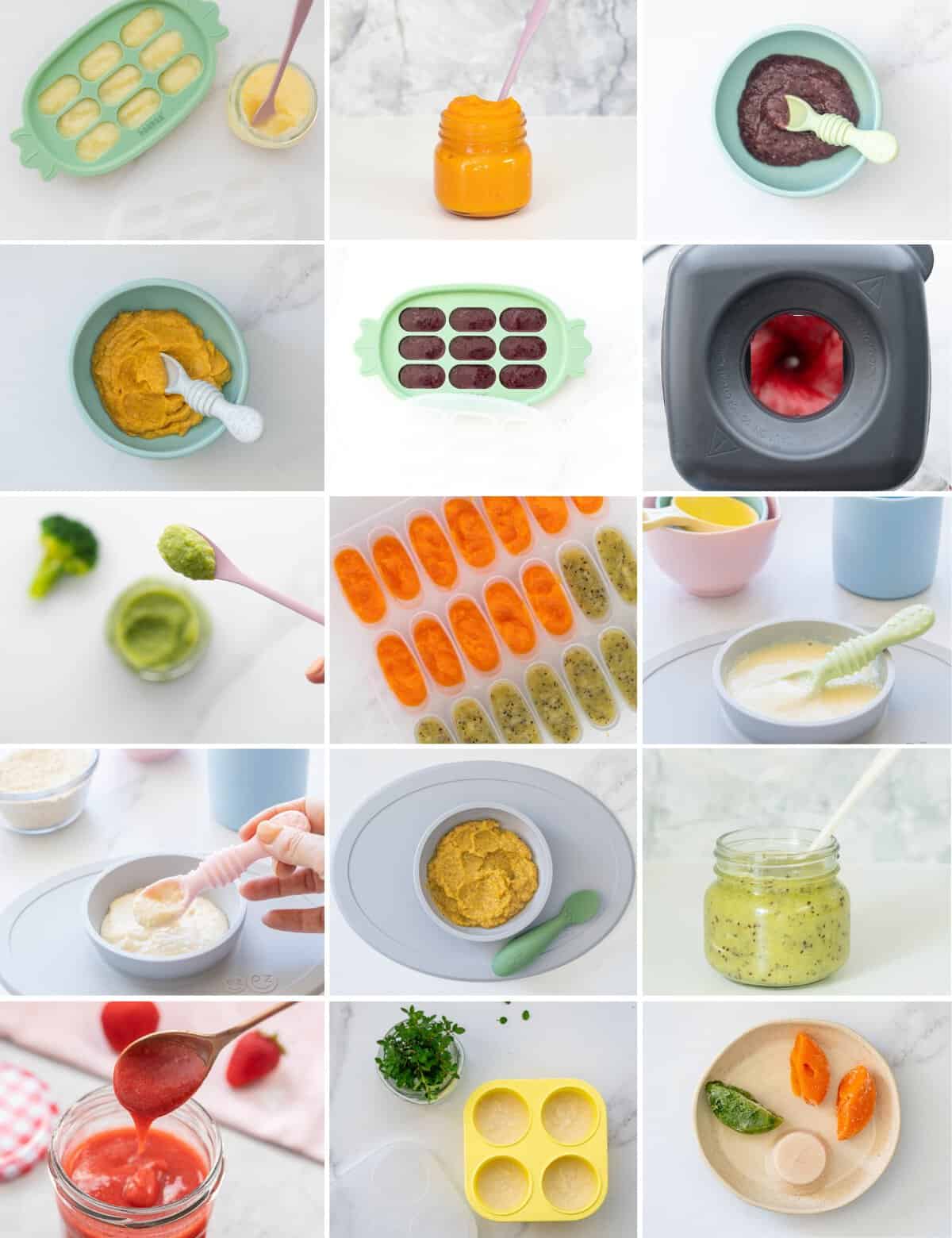 A collage of 24 images of stage one and stage two baby purees in storage jars, serving bowls and freezer trays. 