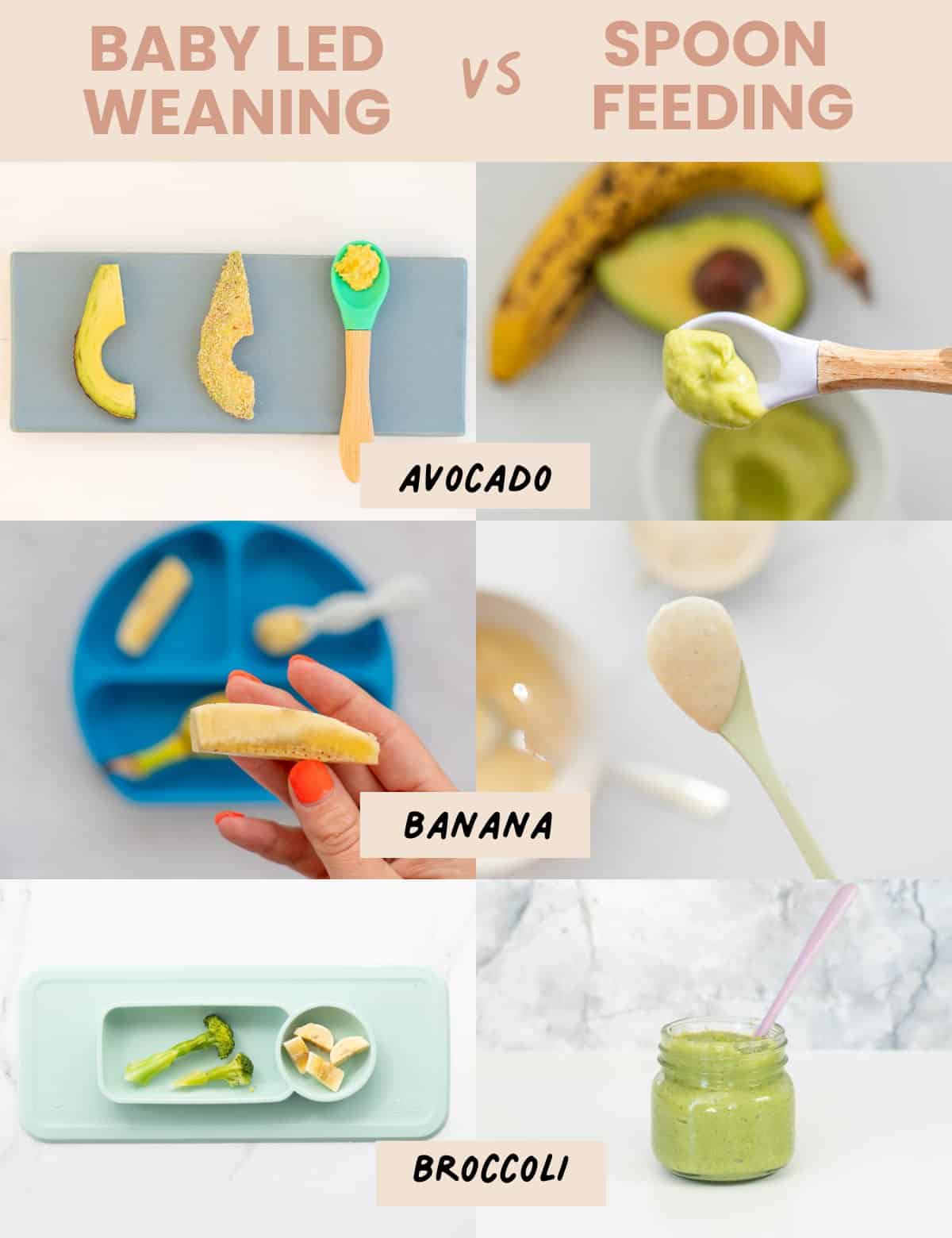 Broccoli, banana and avocado served as both a finger food and prepared as a bay puree, with text overlay: Baby led weaning vs. Spoon feeding.