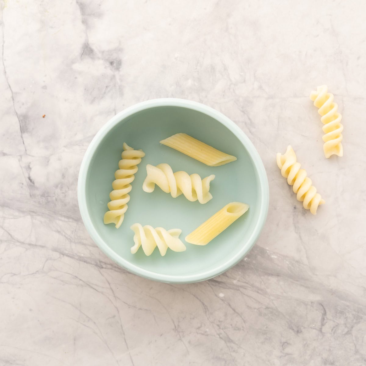 Cooked penne and spiral pasta in baby silicone plate on bench top.