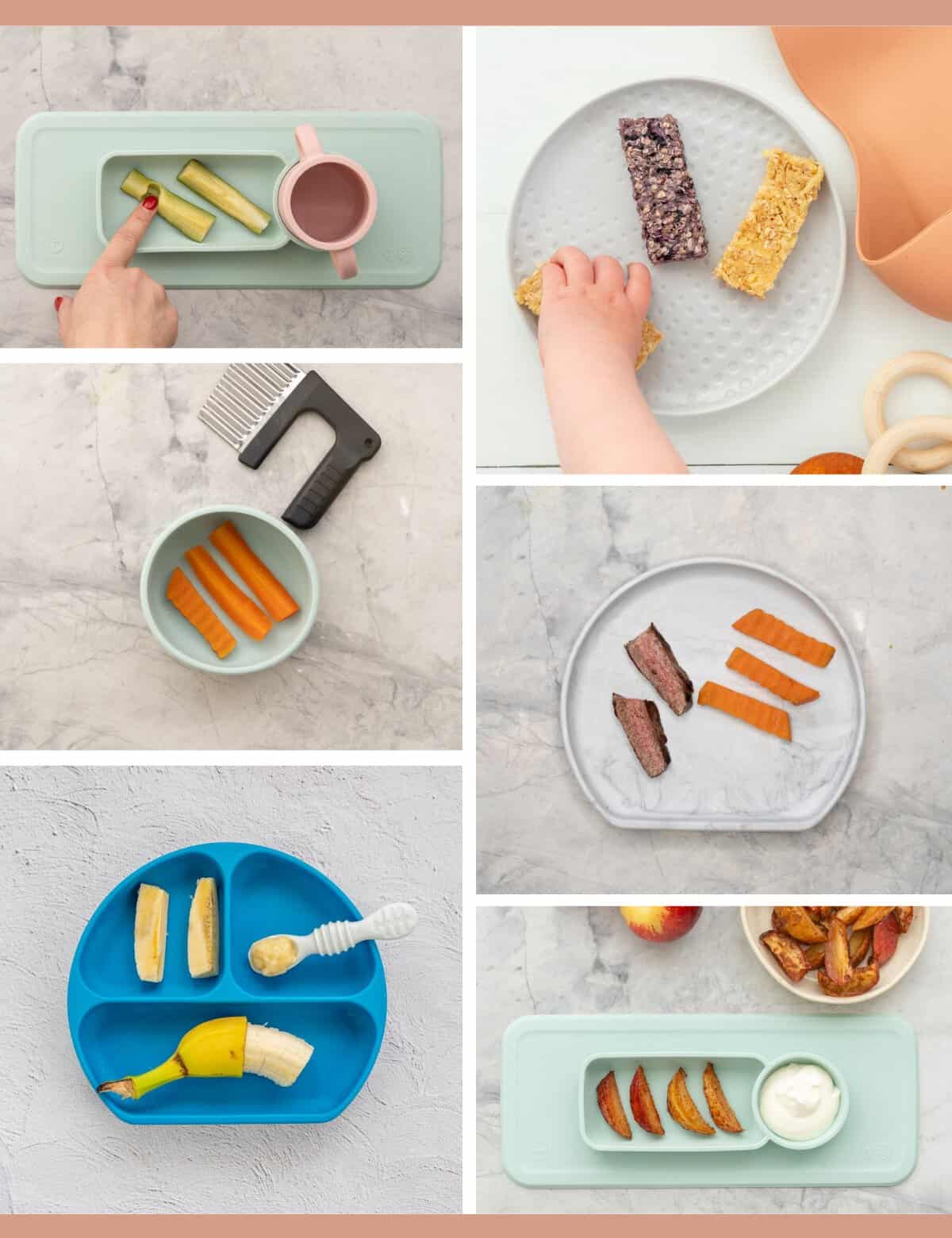 A collage of 6 baby plates with simple baby led weaning finger foods on them, zucchini, porridge fingers, sweet potato, steak, apples.