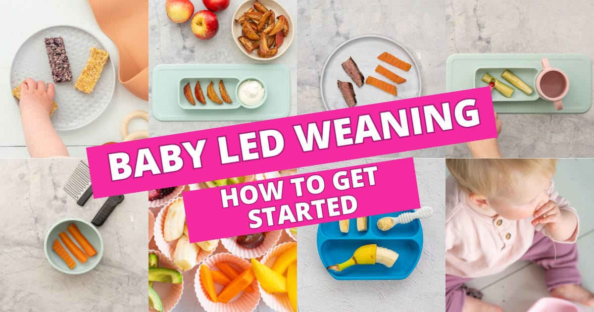 A collage of 8 images of baby plates with finger foods for baby led weaning with text over: "Baby Led Weaning How to get started".