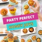 Four image of honey joy cornflake clusters with text overlay: Party Perfect, honey Joys.