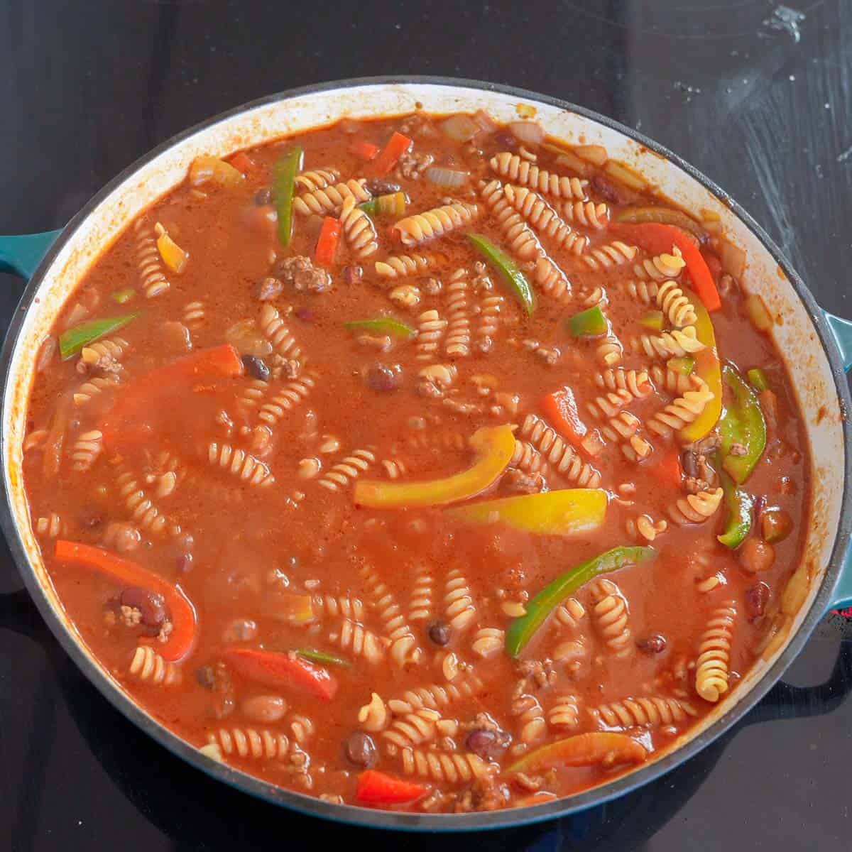 Mexican Pasta simmering in pan.