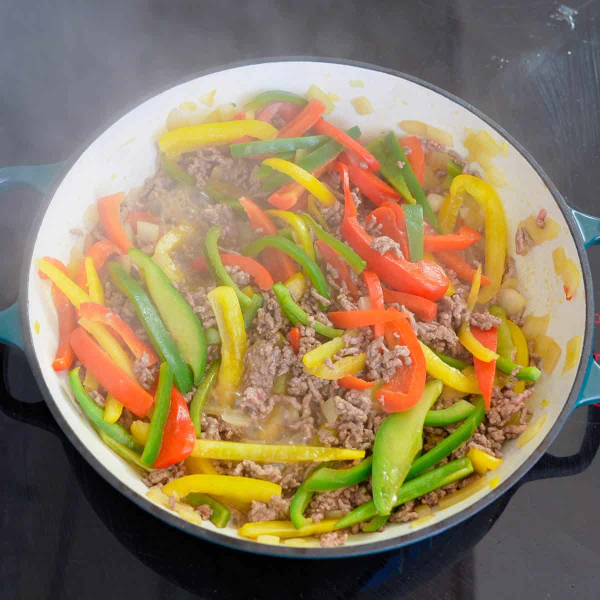 Capsicum's in Pan with mince browning.