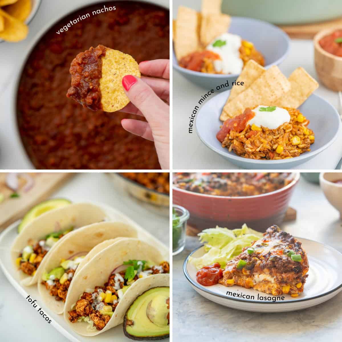 Collage of four meals made with mexican spice seasoning. 