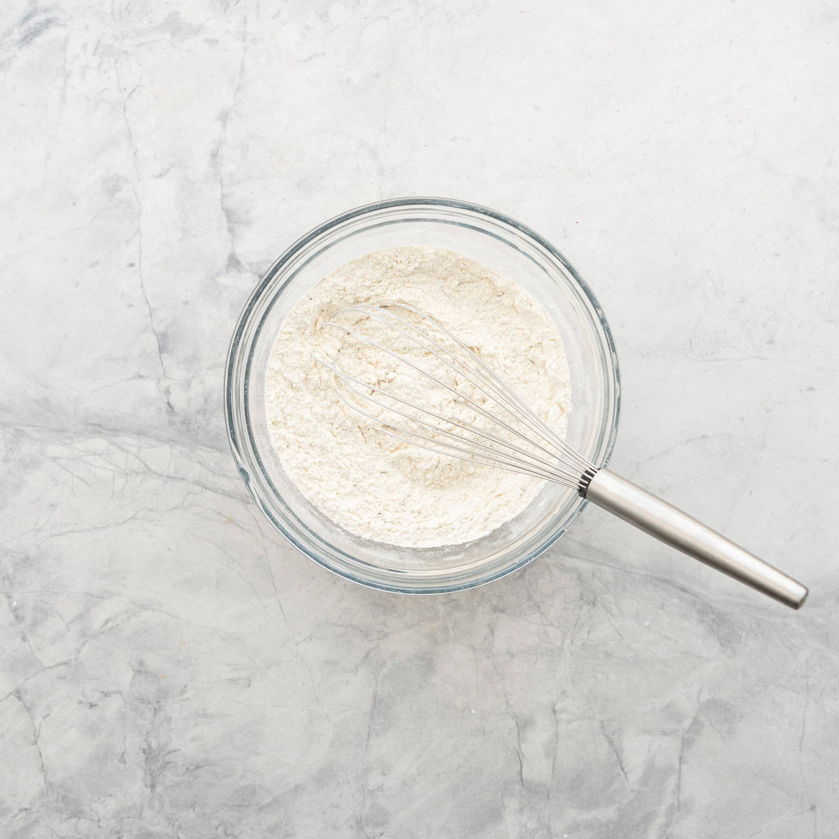 Dry ingredients in mixing bowl with whisk.