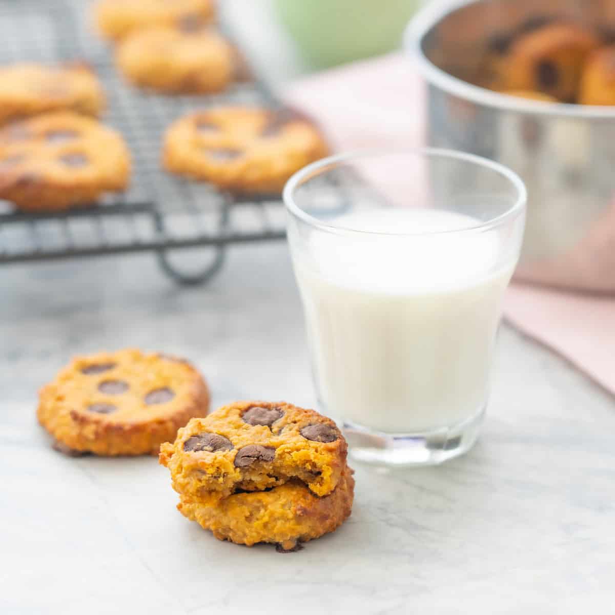 A glass of milk with two pumpkin cookies stacked on eachother one with bite taken out.