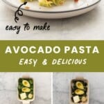 Five photo collate of avocado pasta with text overlay: Avocado pasta, easy and delicious, easy to make.