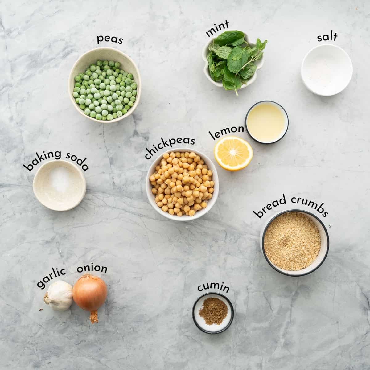 Ingredients for Chickpea Patties laid out on bench top.