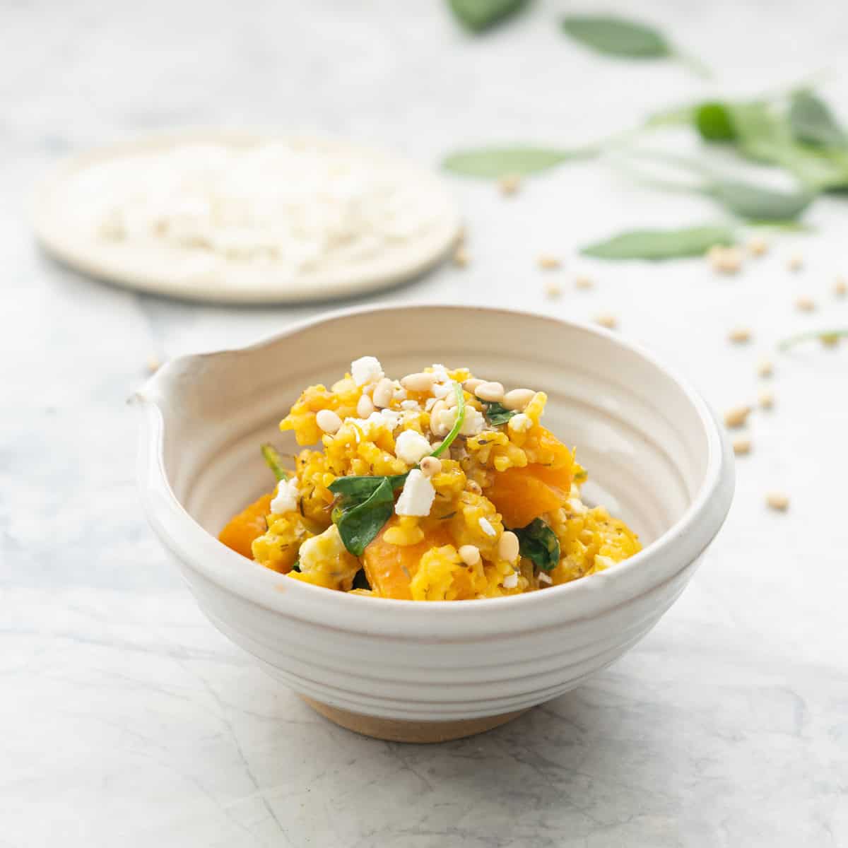 Served up portion of Crockpot pumpkin risotto garnished with pine nuts and crumbled feta cheese in a bowl on benchtop.