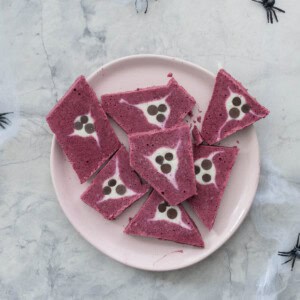 Frozen Halloween yogurt bark broken into pieces on a plate with fake spiders crawling on top and on benchtop.