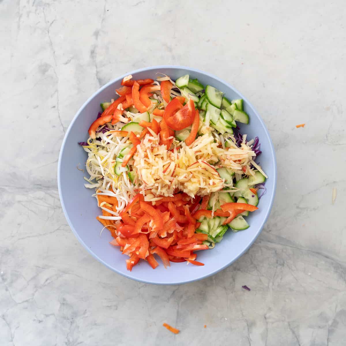 Large bowl of ingredients for Asian salad before being mixed together.