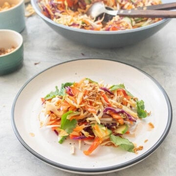 Asian Salad served on a dinner plate with garnish on top, Large bowl of asian salad in background and bowl of garnishes.