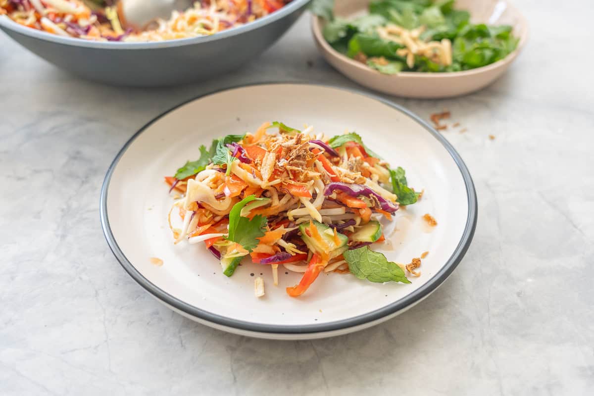 Asian Salad served on a dinner plate with garnish on top, Large bowl of asian salad in background and bowl of garnishes.