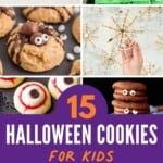 Eight photos of halloween cookie designs; bats, eyeballs, spiders, mummies, Frankenstein, with text overlay: 15 Halloween Cookies.