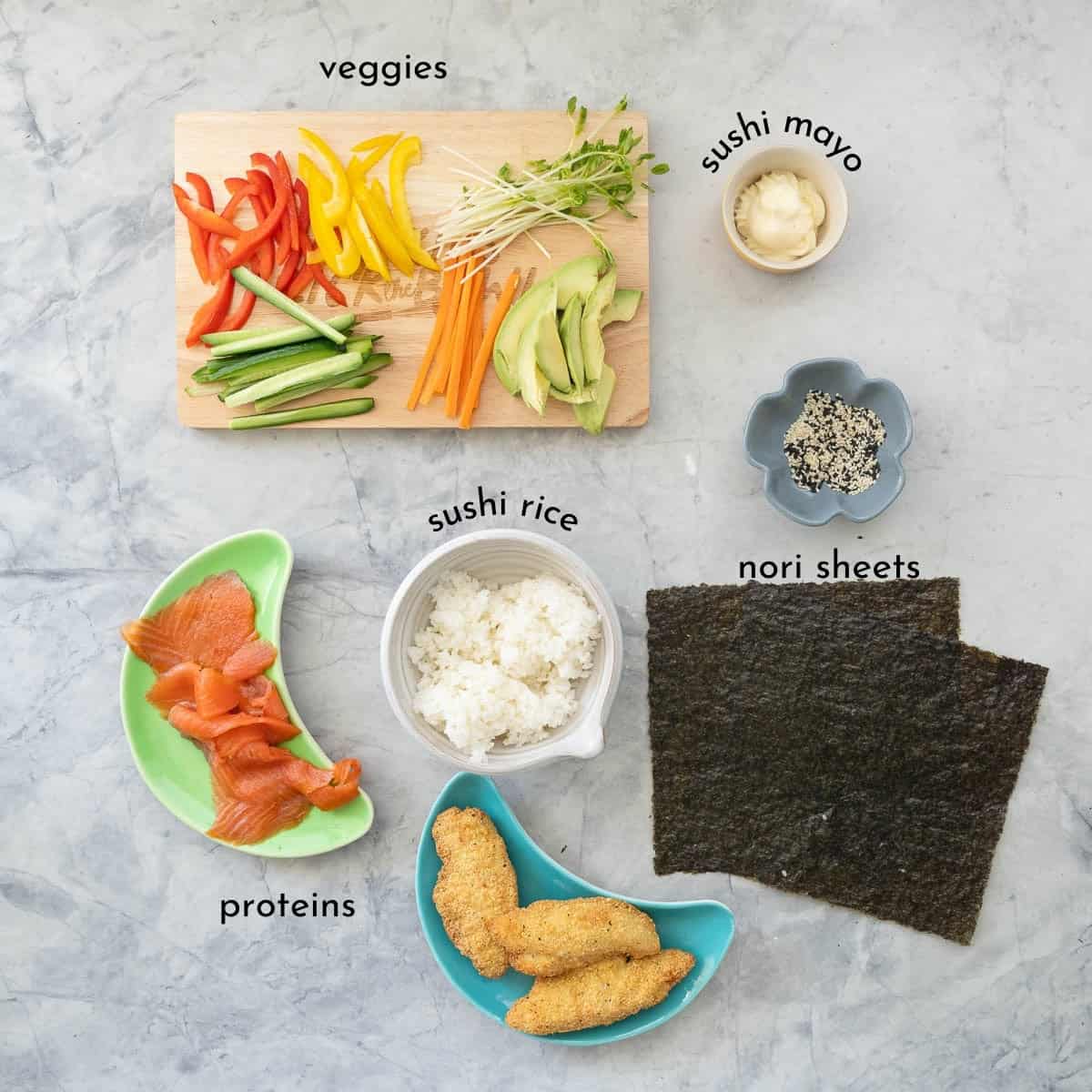 Hand Roll Sushi Ingredients on bench top with text overlay.