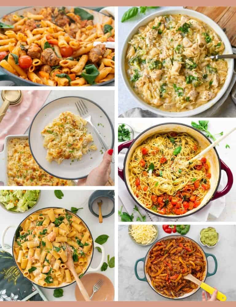 Six photo collage of different pasta recipes.