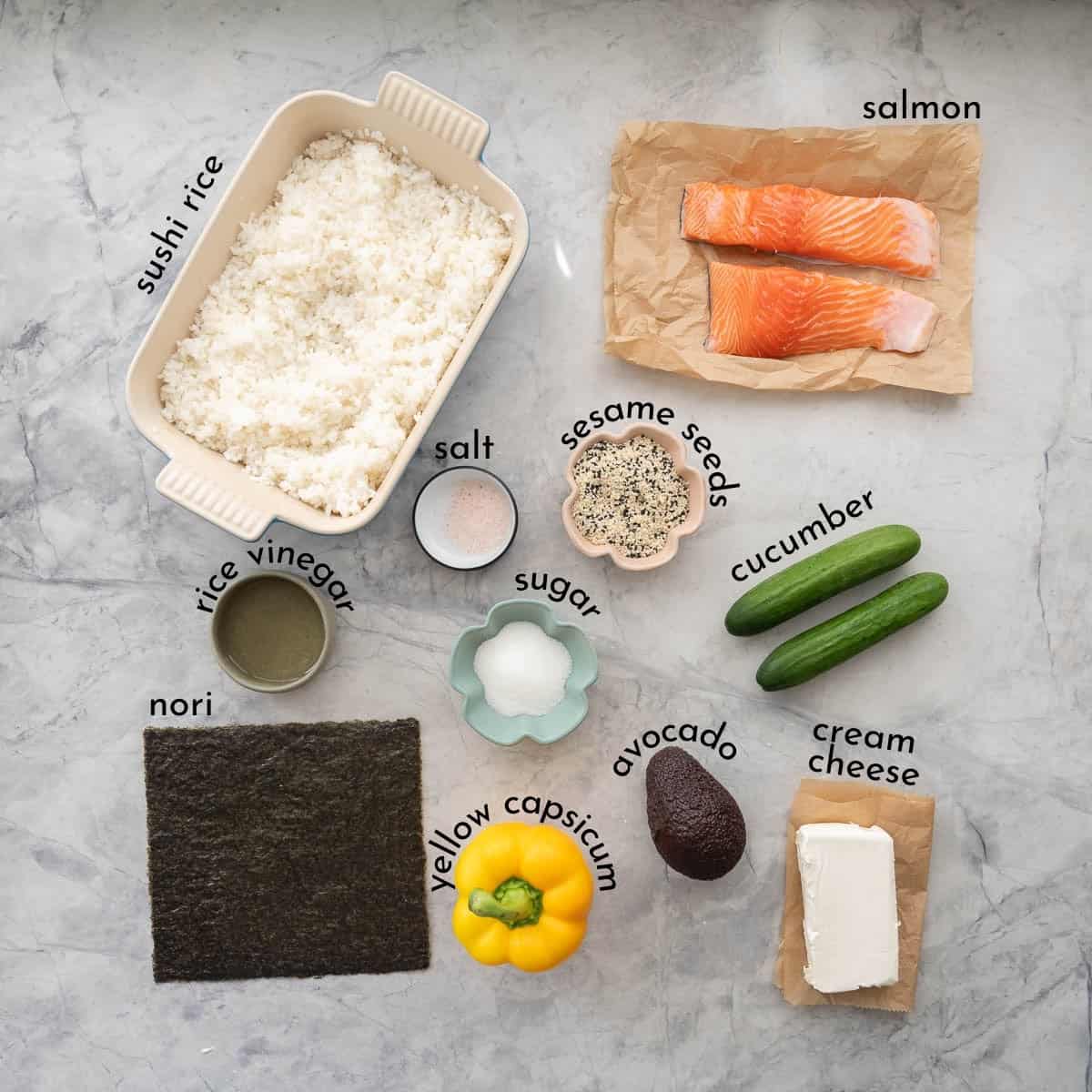 Ingredients for Christmas Sushi laid out on benchtop with text overlay.