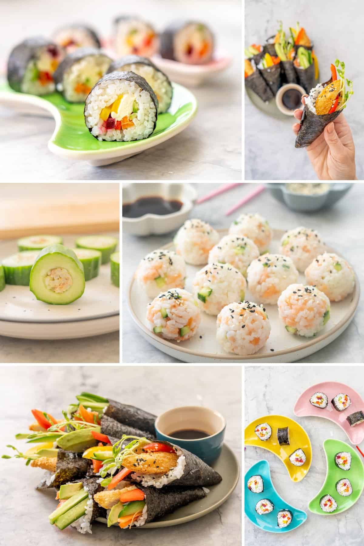 7 image collage of bright colourful sushi you can make with homemade sushi rice. 