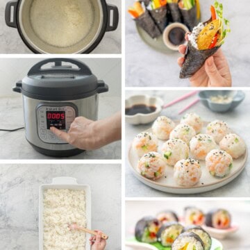 Collage, 3 images showing instant pot sushi rice process steps, and 3 images of colourful sushi ready to enjoy.