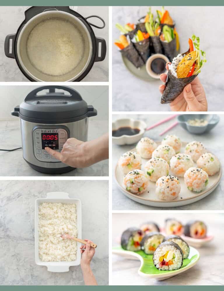 Collage, 3 images showing instant pot sushi rice process steps, and 3 images of colourful sushi ready to enjoy.