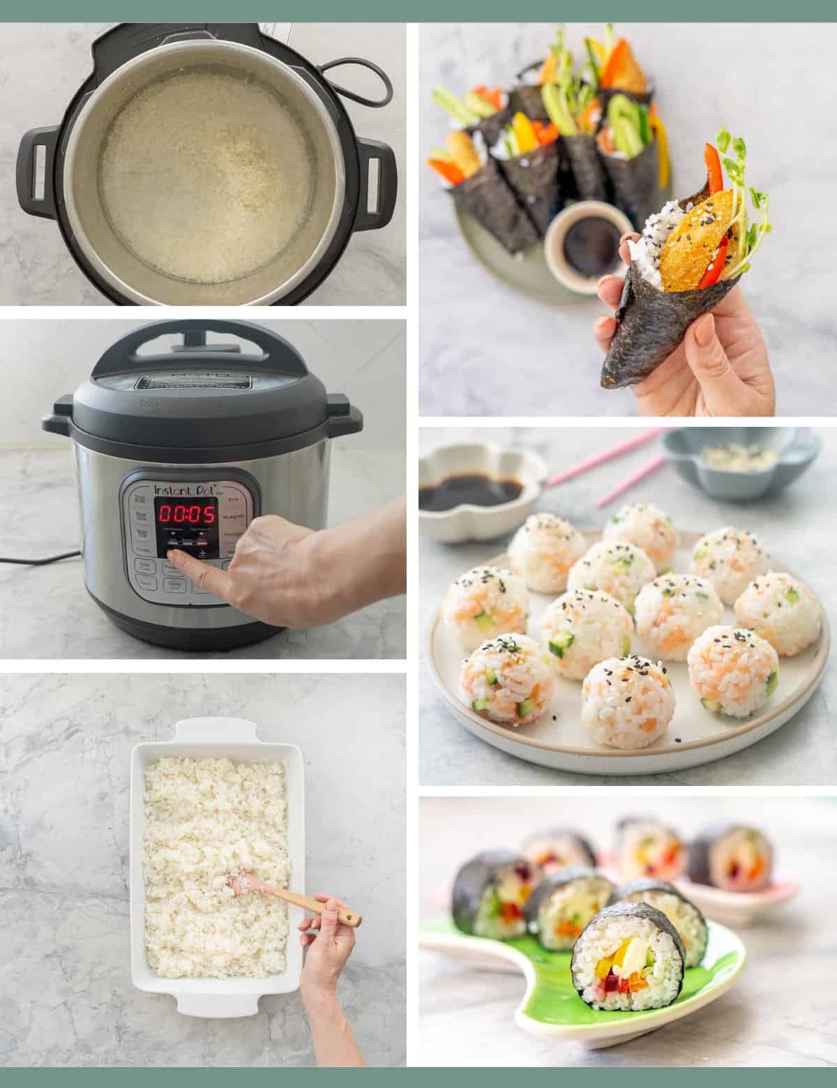 Collage, 3 images showing instant pot sushi rice  process steps, and 3 images of colourful sushi ready to enjoy.